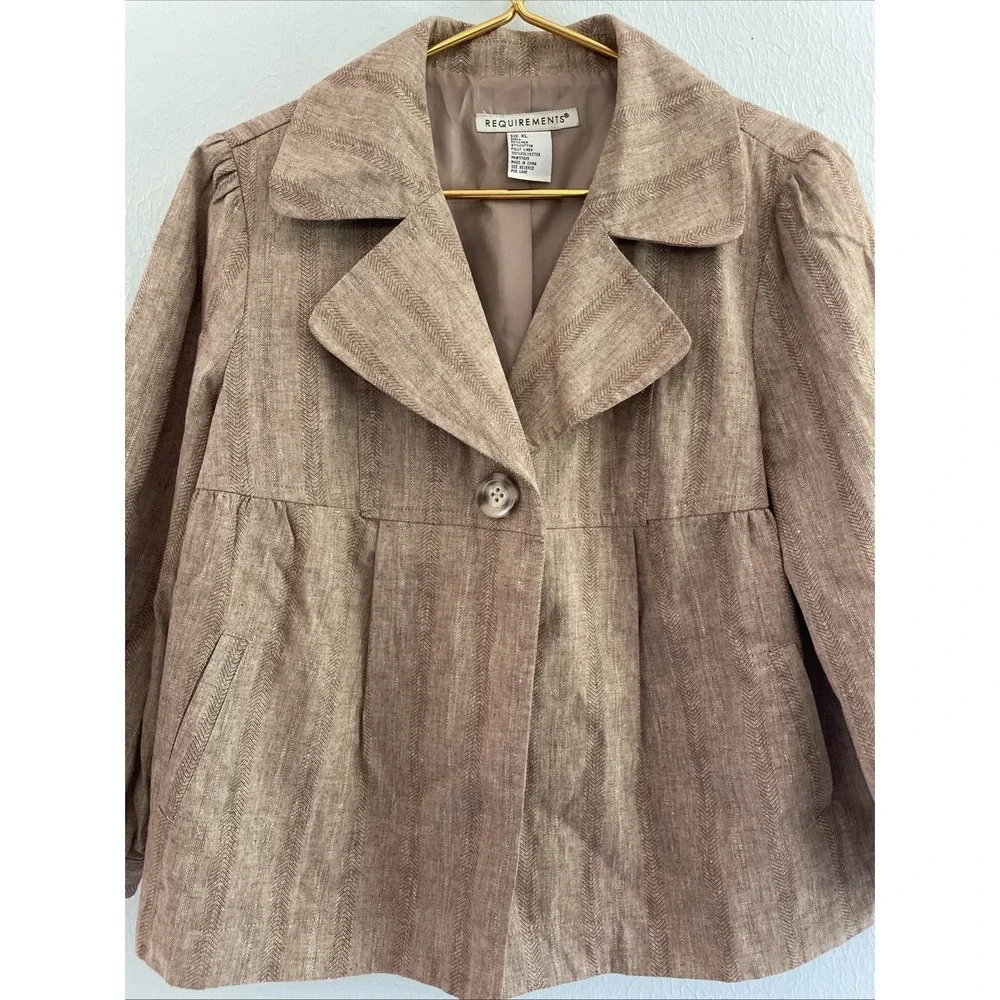 Vintage Y2k 90s Linen Blend All Season  Herringbone Tan Blazer Jacket Pintuck XL